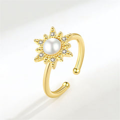 Cubic Zirconia & Pearl 18K Gold-Plated Rotating Floral Open Ring