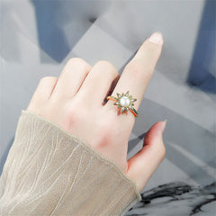 Cubic Zirconia & Pearl 18K Gold-Plated Rotating Floral Open Ring