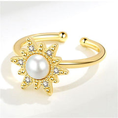 Cubic Zirconia & Pearl 18K Gold-Plated Rotating Floral Open Ring