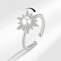 Cubic Zirconia & Pearl Silver-Plated Rotating Flower Open Ring