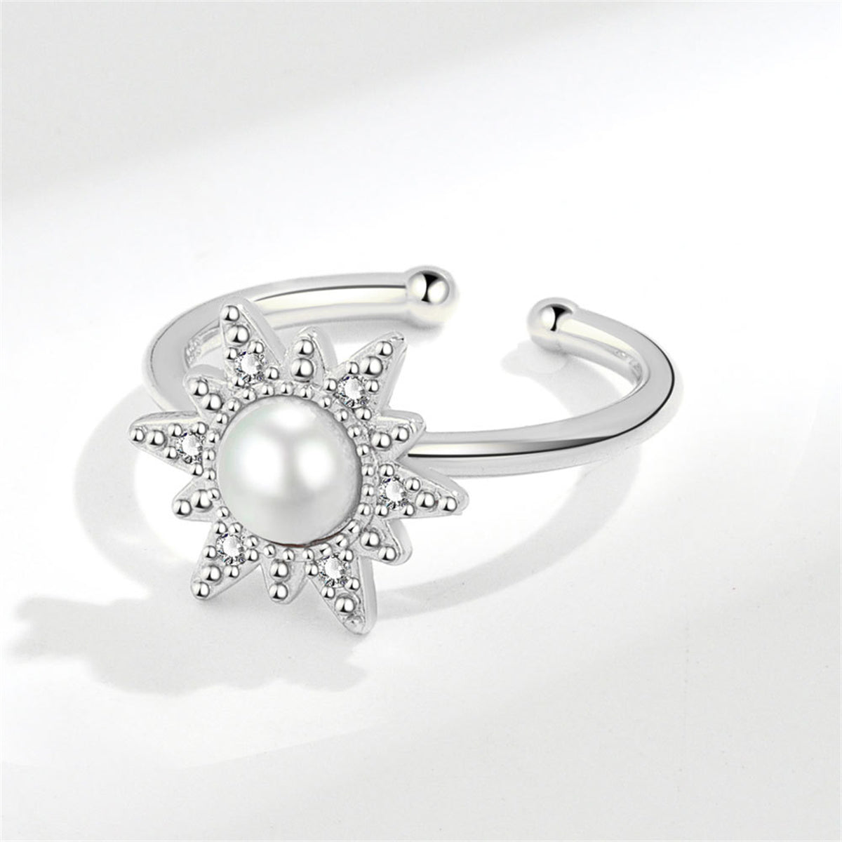 Cubic Zirconia & Pearl Silver-Plated Rotating Flower Open Ring