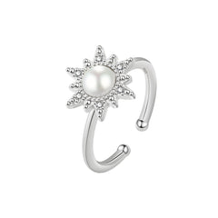 Cubic Zirconia & Pearl Silver-Plated Rotating Flower Open Ring