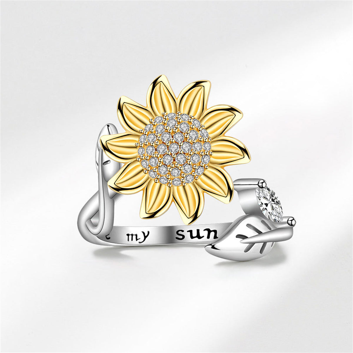 Cubic Zirconia & Two Tone Rotatable Sunflower Bypass Ring