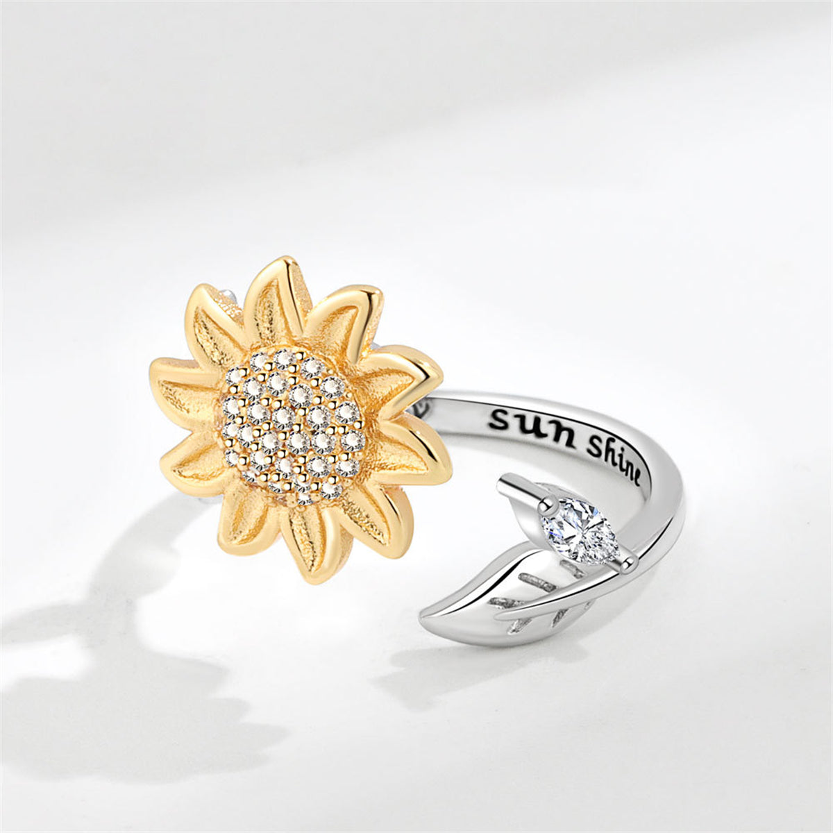 Cubic Zirconia & Two Tone Rotatable Sunflower Bypass Ring