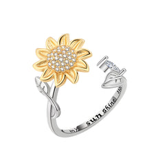 Cubic Zirconia & Two Tone Rotatable Sunflower Bypass Ring