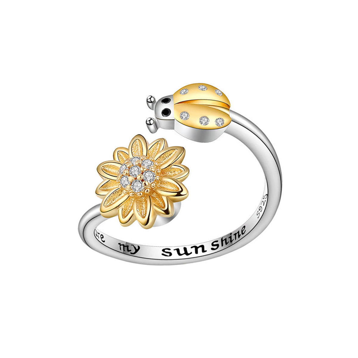 Cubic Zirconia & Two-Tone Rotating Ladybug Bypass Ring