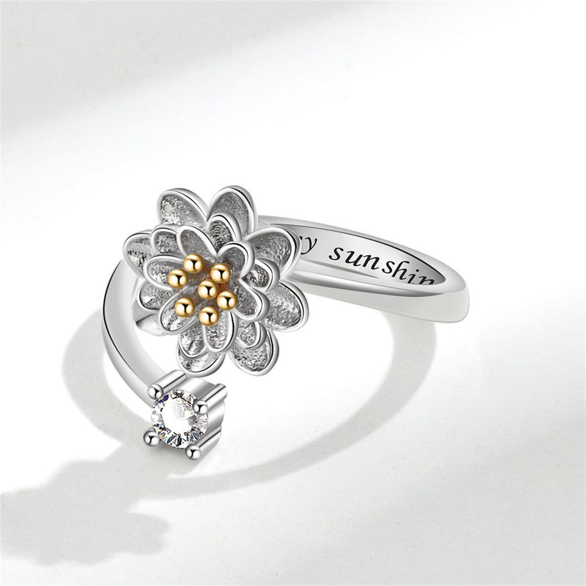 Cubic Zirconia & Two-Tone Rotating Lotus Bypass Ring