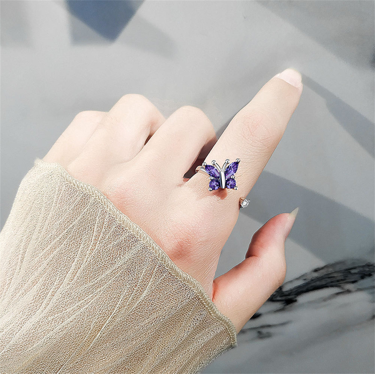 Purple Crystal & Cubic Zirconia Rotating Butterfly Open Ring