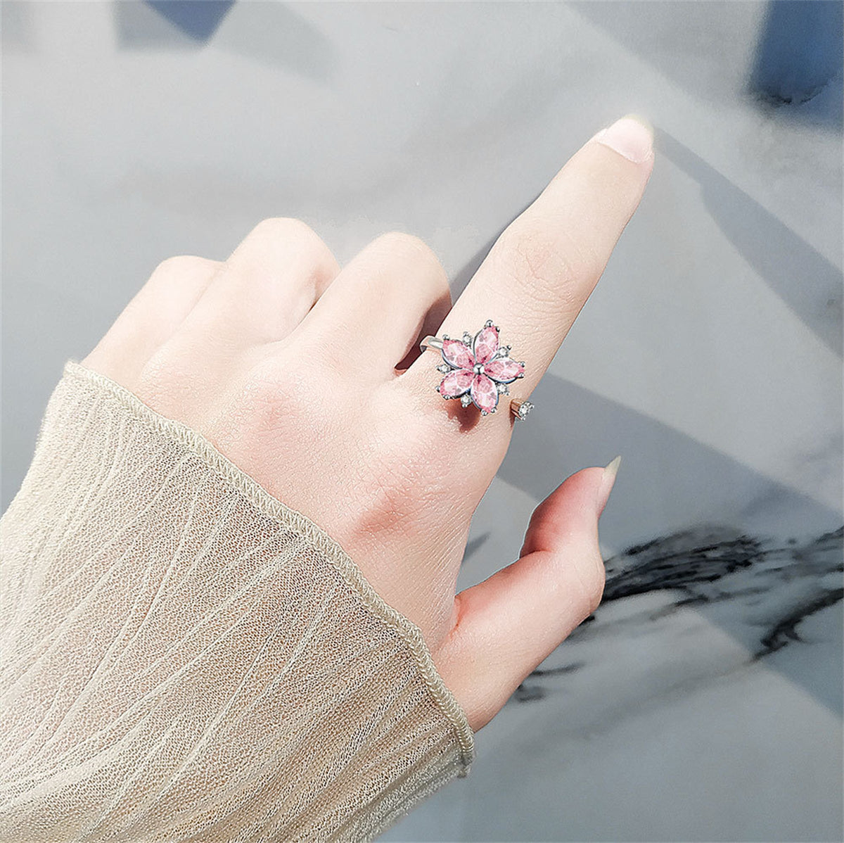 Pink Crystal & Cubic Zirconia Rotating Floral Ring