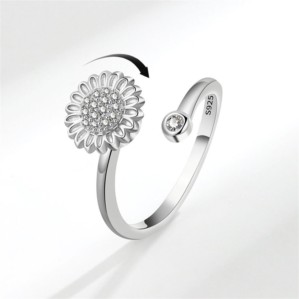 Cubic Zirconia & Silver-Plated Rotating Sunflower Bypass Ring