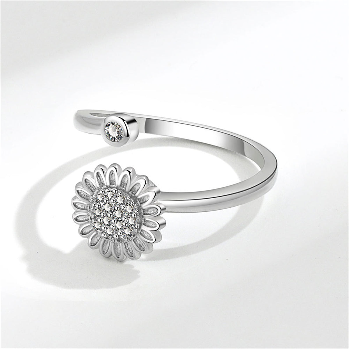 Cubic Zirconia & Silver-Plated Rotating Sunflower Bypass Ring