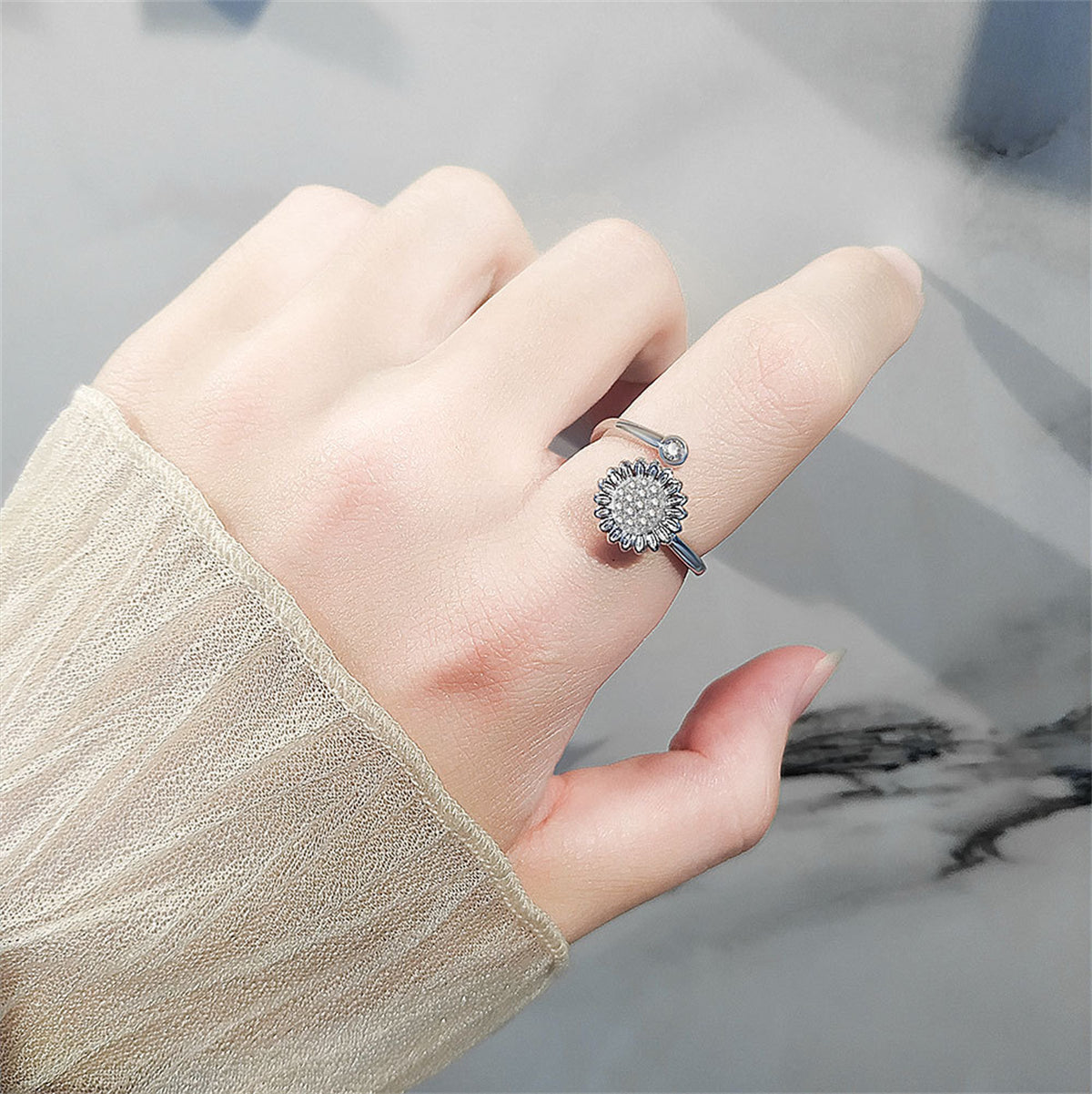 Cubic Zirconia & Silver-Plated Rotating Sunflower Bypass Ring