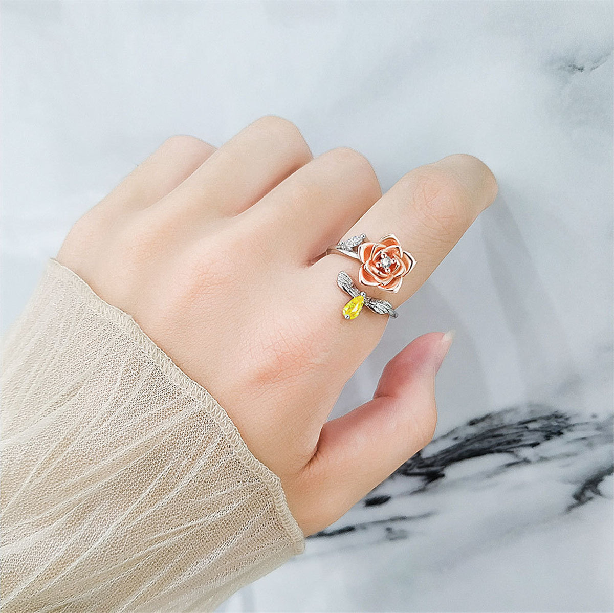 Yellow Crystal & Two-Tone Rotating Rose & Bee Bypass Ring