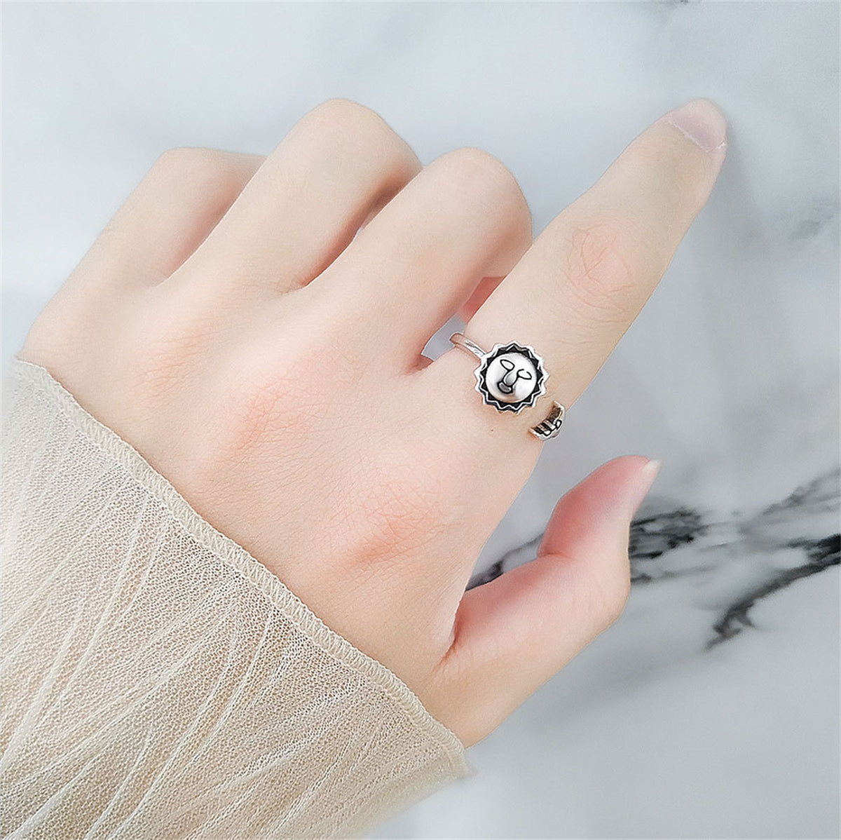 Silver-Plated Rotating Sun & Moon Open Ring