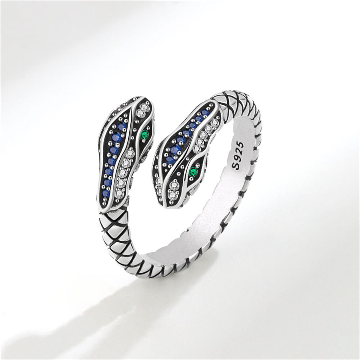 Blue Cubic Zirconia & Silver-Plated Snake Bypass Ring