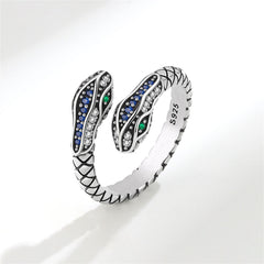 Blue Cubic Zirconia & Silver-Plated Snake Bypass Ring