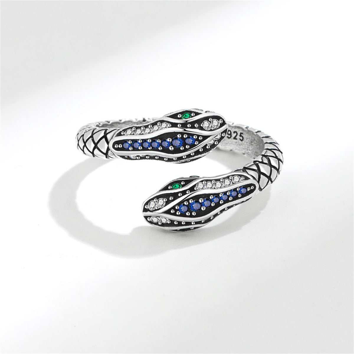 Blue Cubic Zirconia & Silver-Plated Snake Bypass Ring