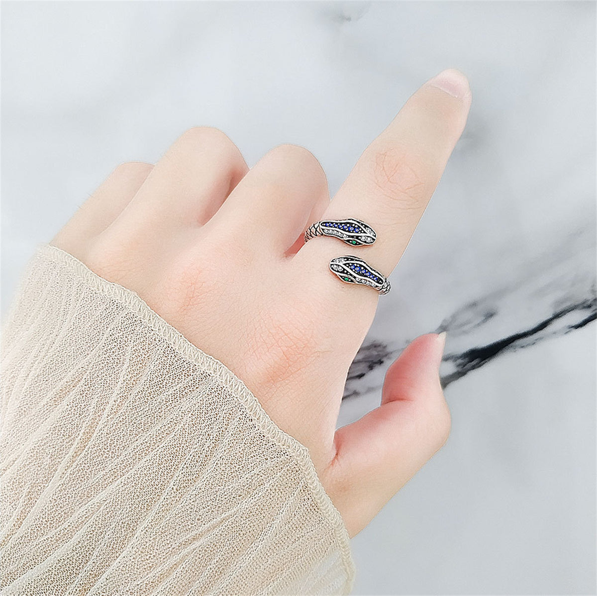 Blue Cubic Zirconia & Silver-Plated Snake Bypass Ring