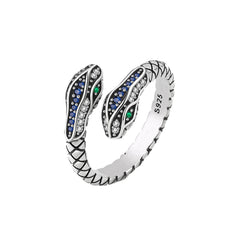 Blue Cubic Zirconia & Silver-Plated Snake Bypass Ring