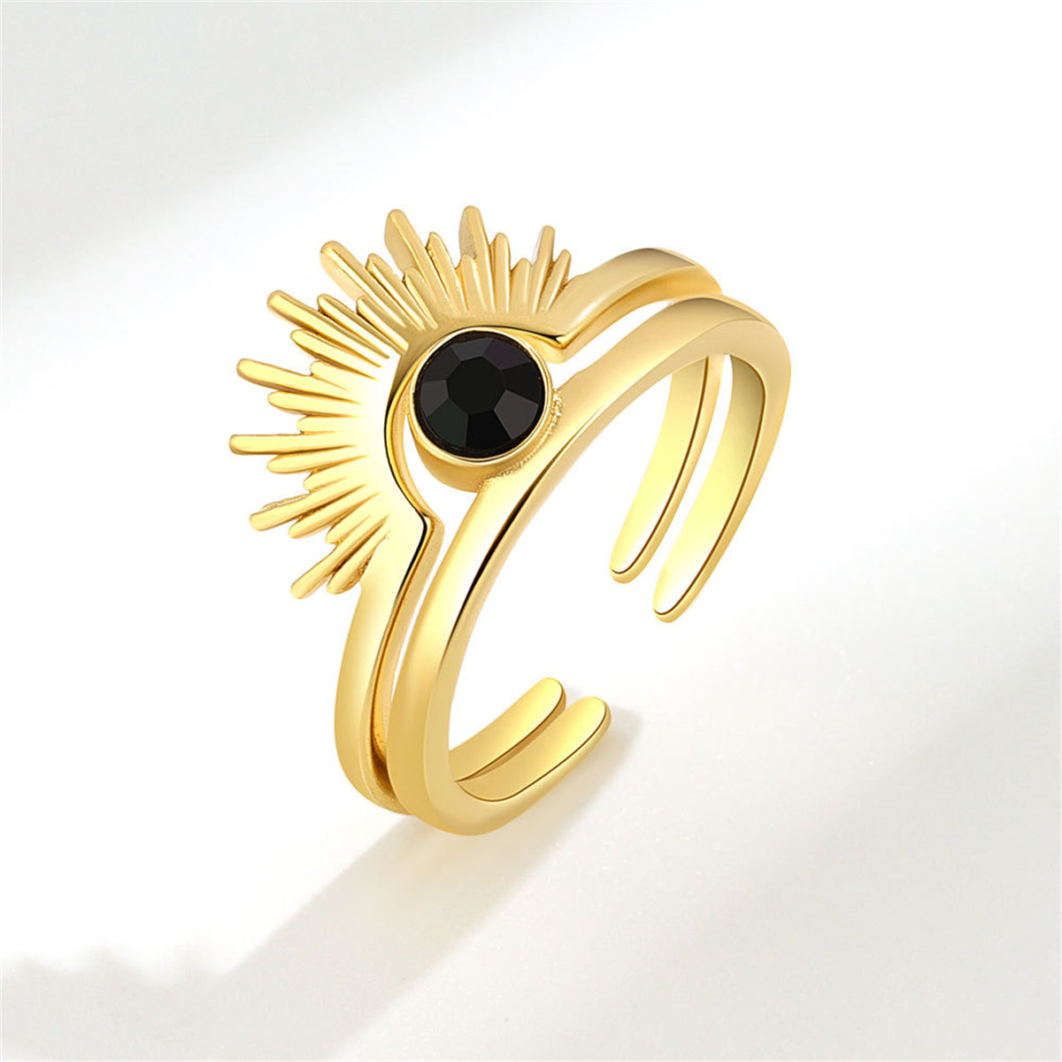 Black Cubic Zirconia & 18K Gold-Plated Open Sun Ring Set