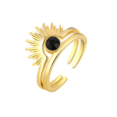 Black Cubic Zirconia & 18K Gold-Plated Open Sun Ring Set