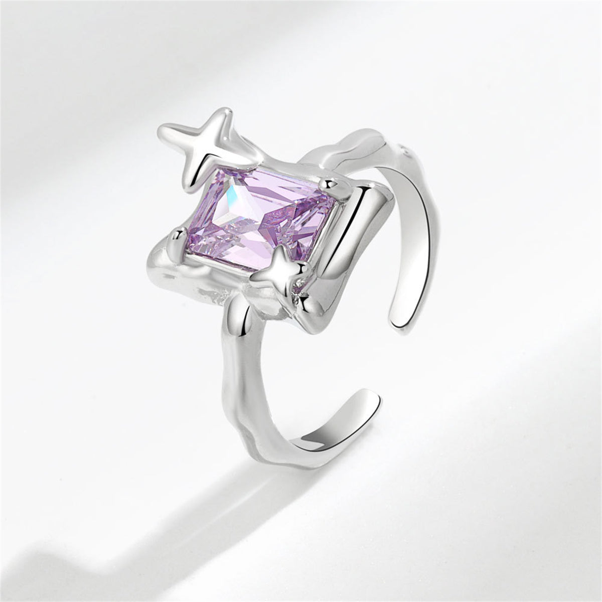 Purple Crystal & Silver-Plated Star Cuff Ring