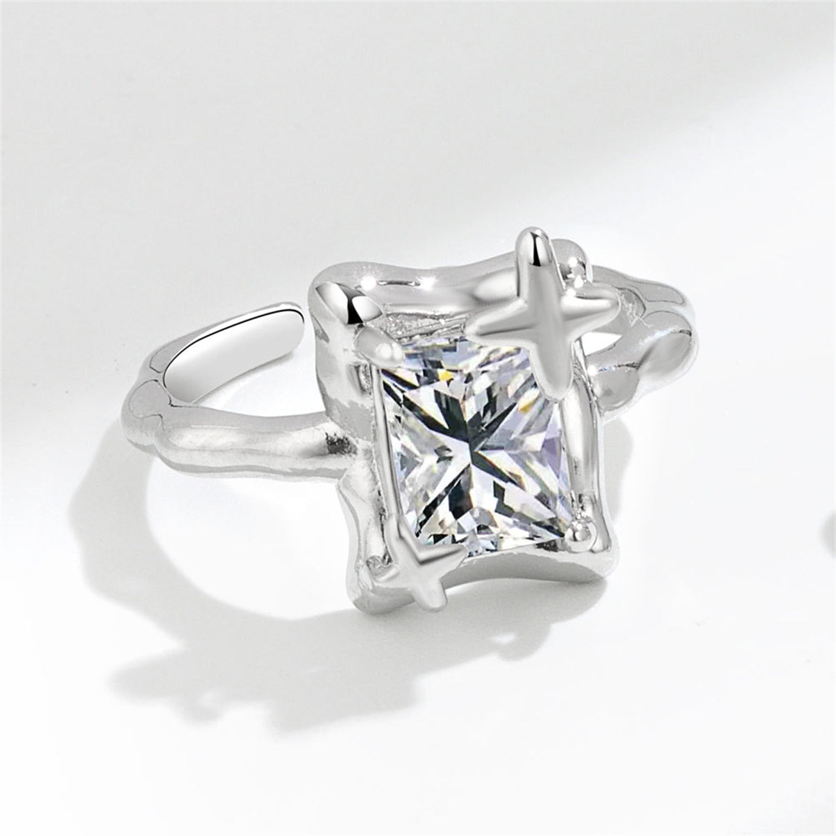 Clear Crystal & Silver-Plated Star Open Ring