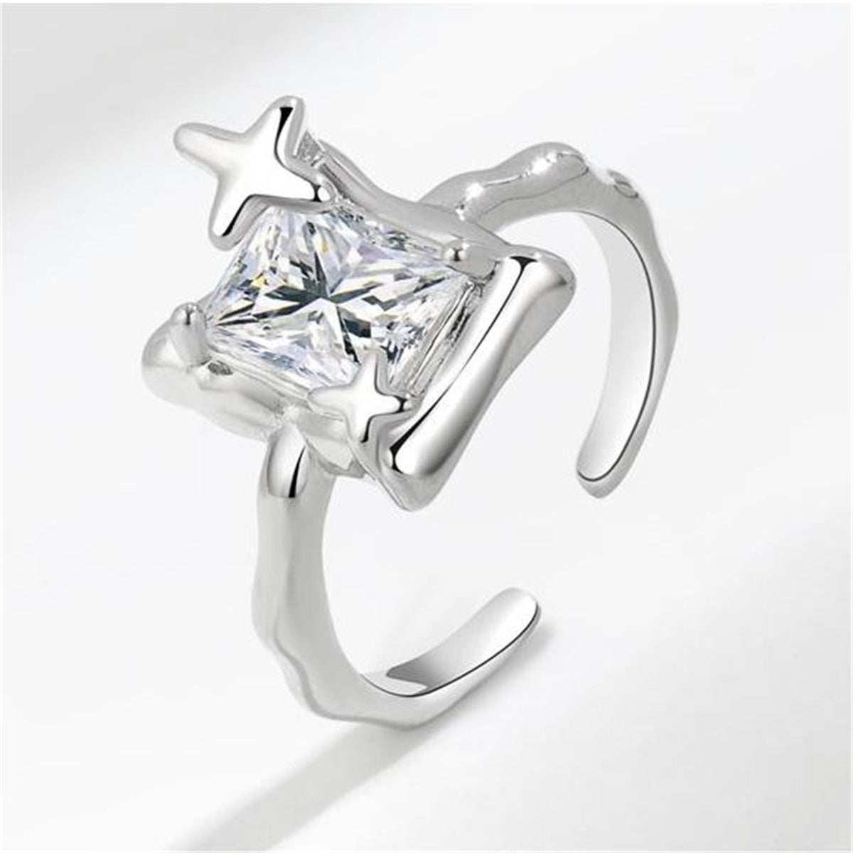 Clear Crystal & Silver-Plated Star Open Ring