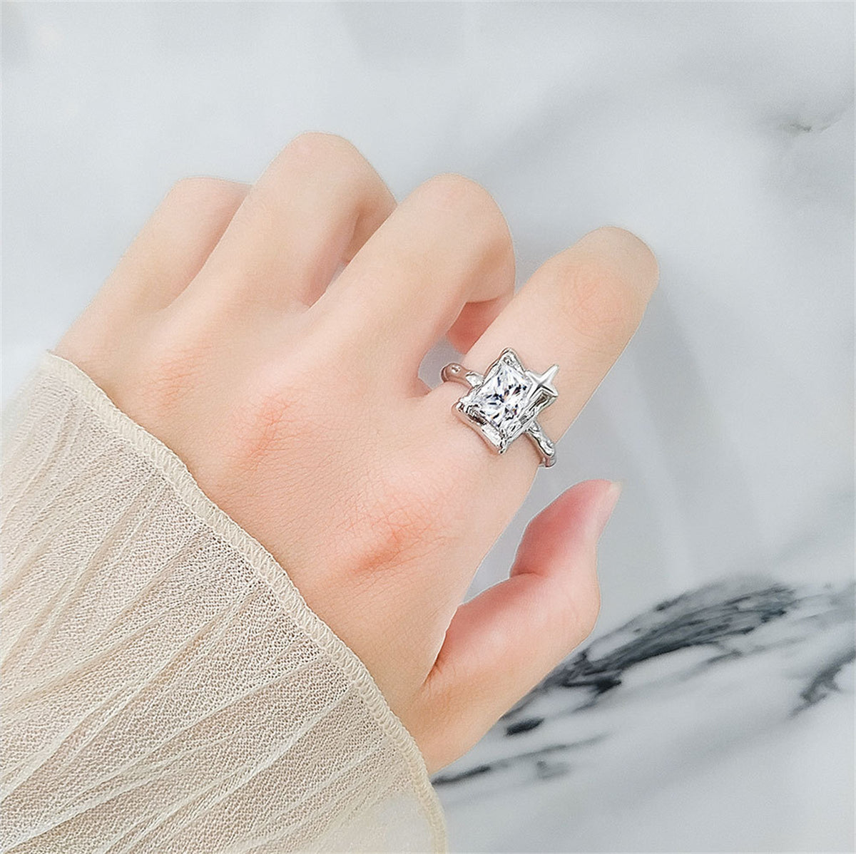 Clear Crystal & Silver-Plated Star Open Ring