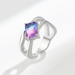 Blue Crystal & Silver-Plated Rectangle Open Ring