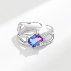 Blue Crystal & Silver-Plated Rectangle Open Ring