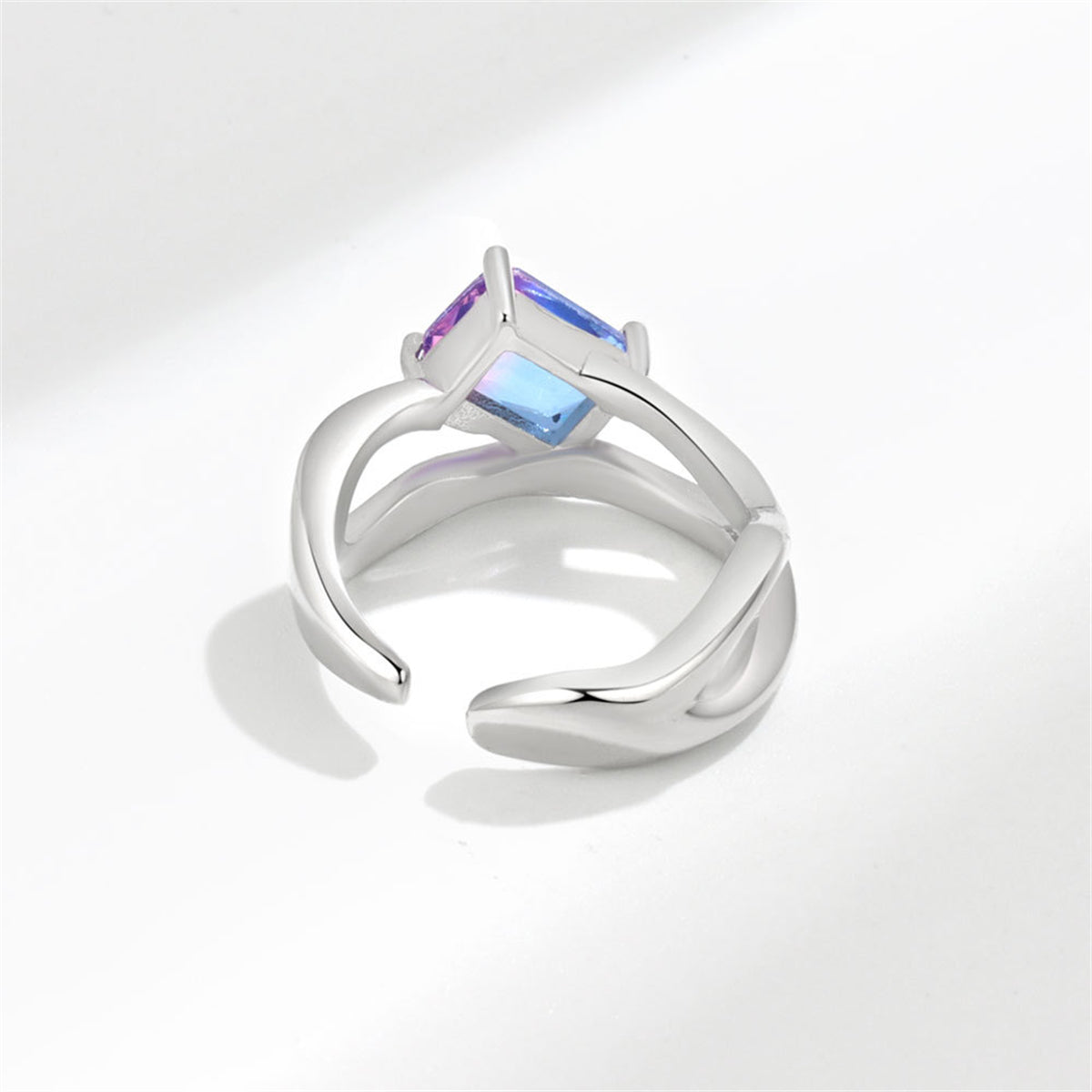 Blue Crystal & Silver-Plated Rectangle Open Ring