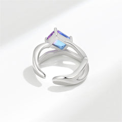 Blue Crystal & Silver-Plated Rectangle Open Ring