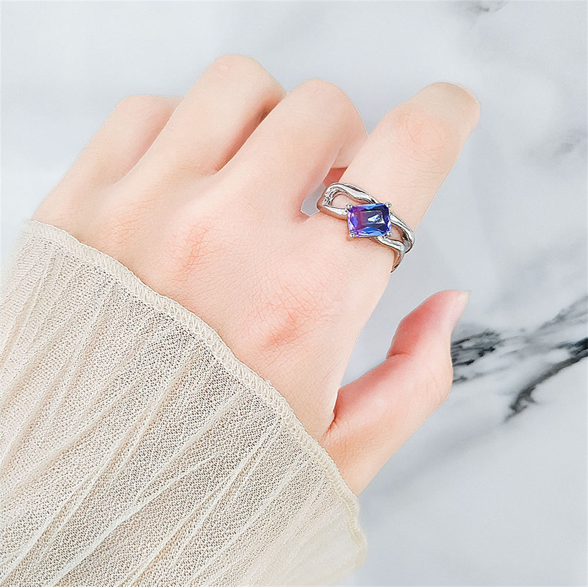 Blue Crystal & Silver-Plated Rectangle Open Ring