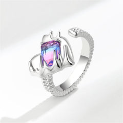 Crystal & Silver-Plated Textured Heart Open Ring