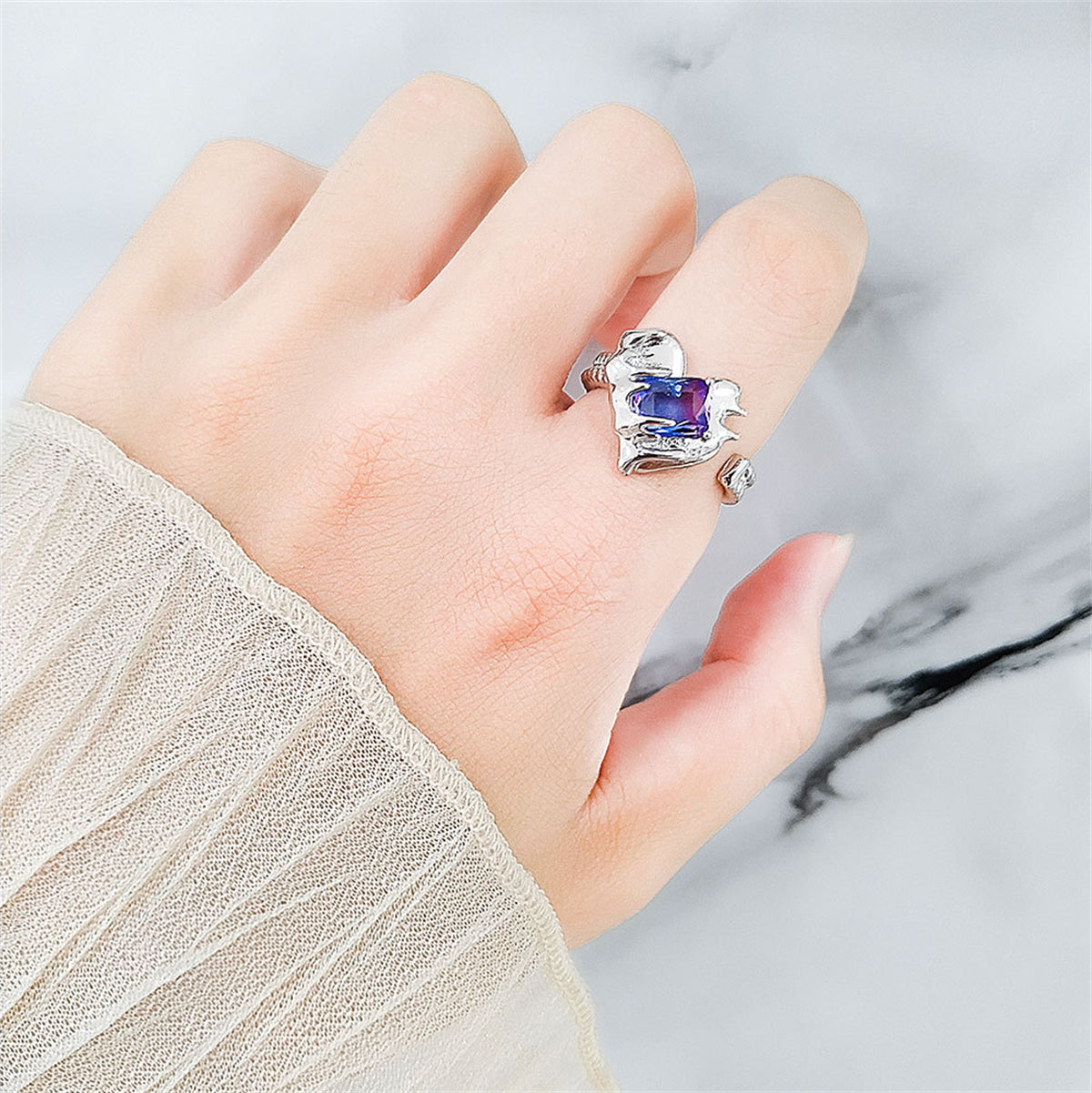 Crystal & Silver-Plated Textured Heart Open Ring