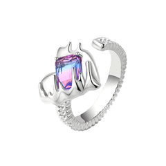 Crystal & Silver-Plated Textured Heart Open Ring