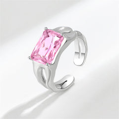 Pink Crystal & Silver-Plated Rectangle Open Ring