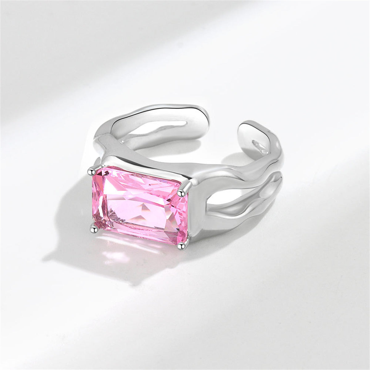 Pink Crystal & Silver-Plated Rectangle Open Ring