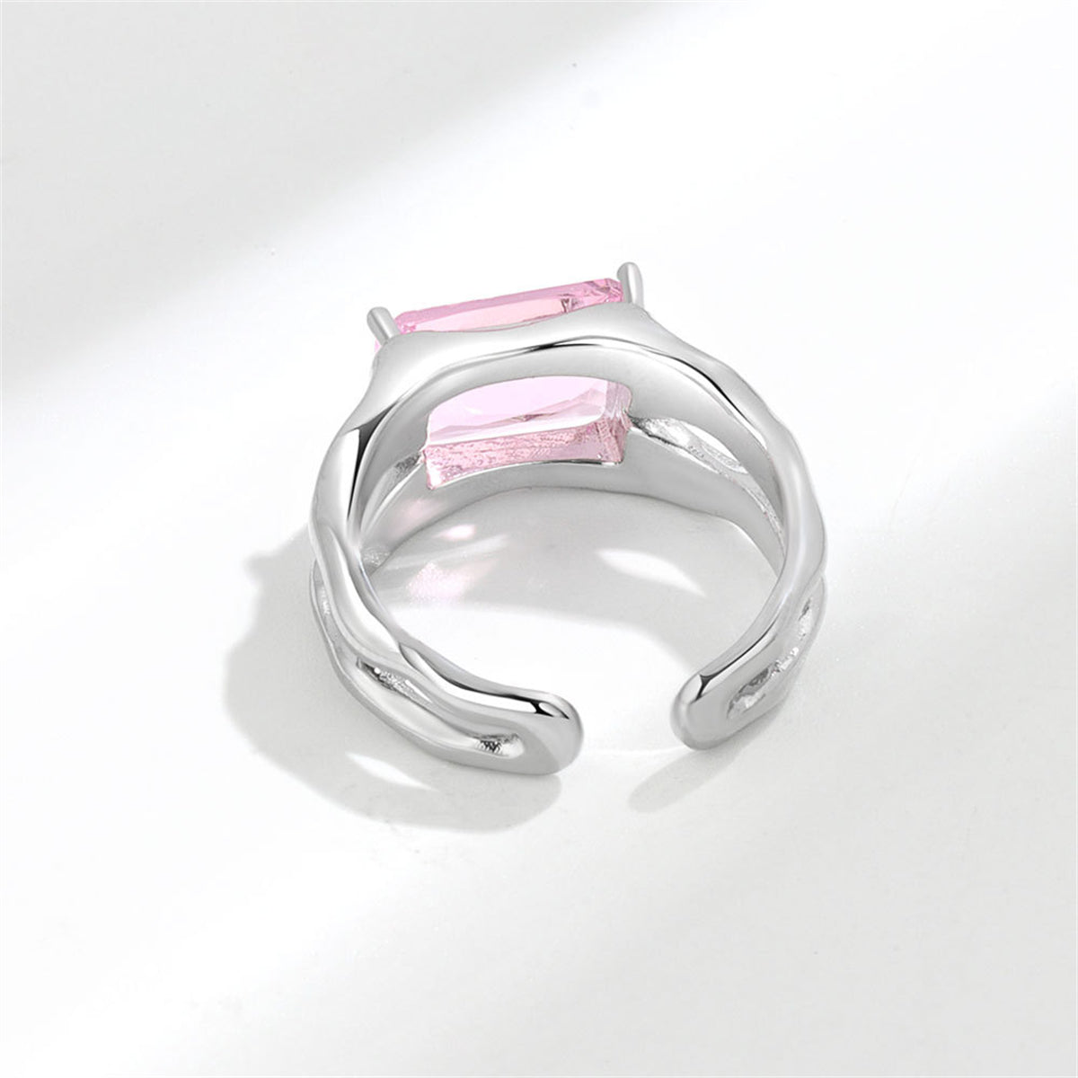 Pink Crystal & Silver-Plated Rectangle Open Ring