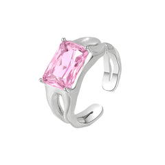 Pink Crystal & Silver-Plated Rectangle Open Ring