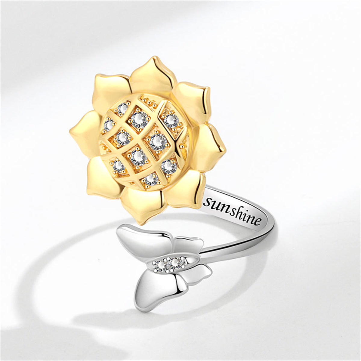 Cubic Zirconia & Two-Tone Rotating Sunflower Bypass Ring