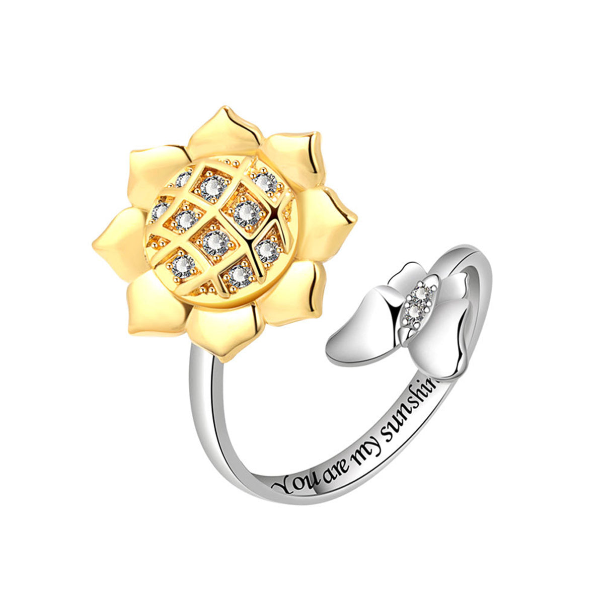 Cubic Zirconia & Two-Tone Rotating Sunflower Bypass Ring