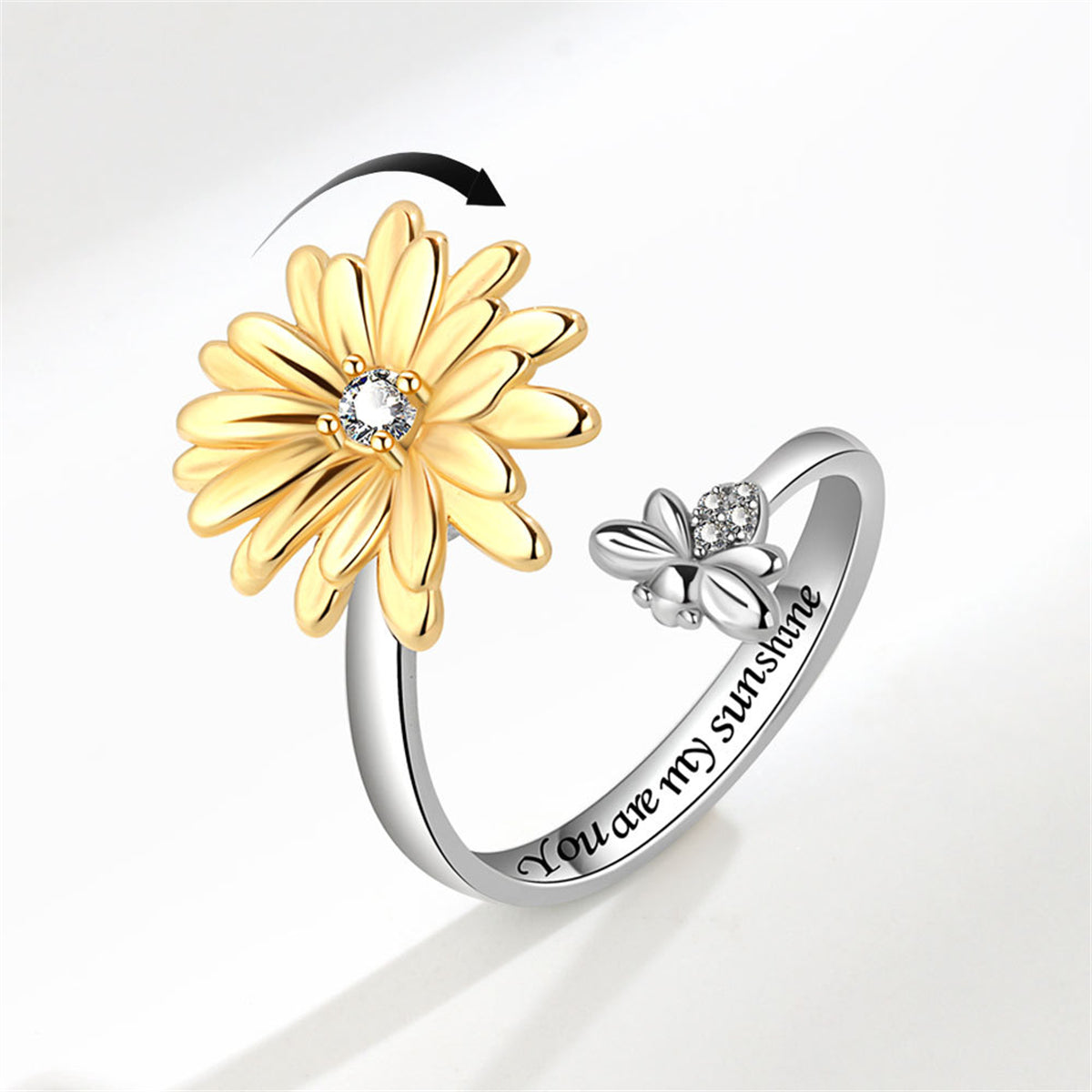 Cubic Zirconia & Two Tone Rotating Mum & Bee Bypass Ring