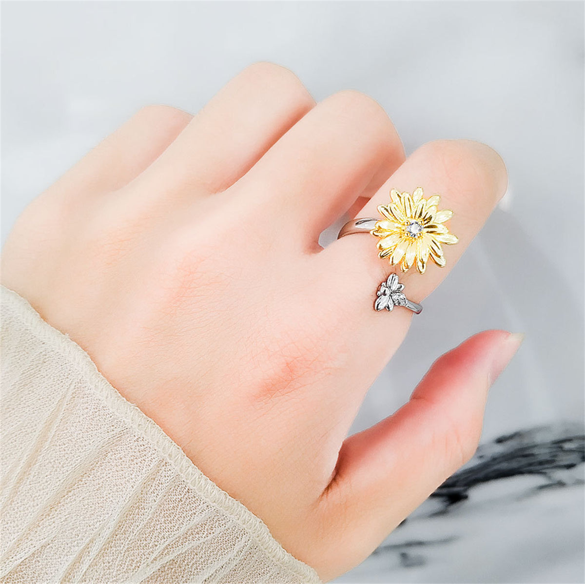 Cubic Zirconia & Two Tone Rotating Mum & Bee Bypass Ring