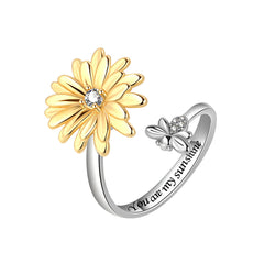 Cubic Zirconia & Two Tone Rotating Mum & Bee Bypass Ring