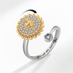 Cubic Zirconia & Two Tone Rotating Sunflower & Bee Bypass Ring