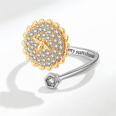 Cubic Zirconia & Two Tone Rotating Sunflower & Bee Bypass Ring