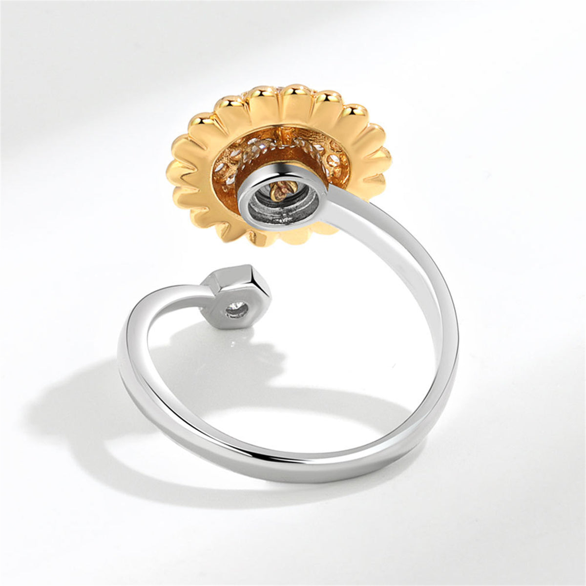 Cubic Zirconia & Two Tone Rotating Sunflower & Bee Bypass Ring