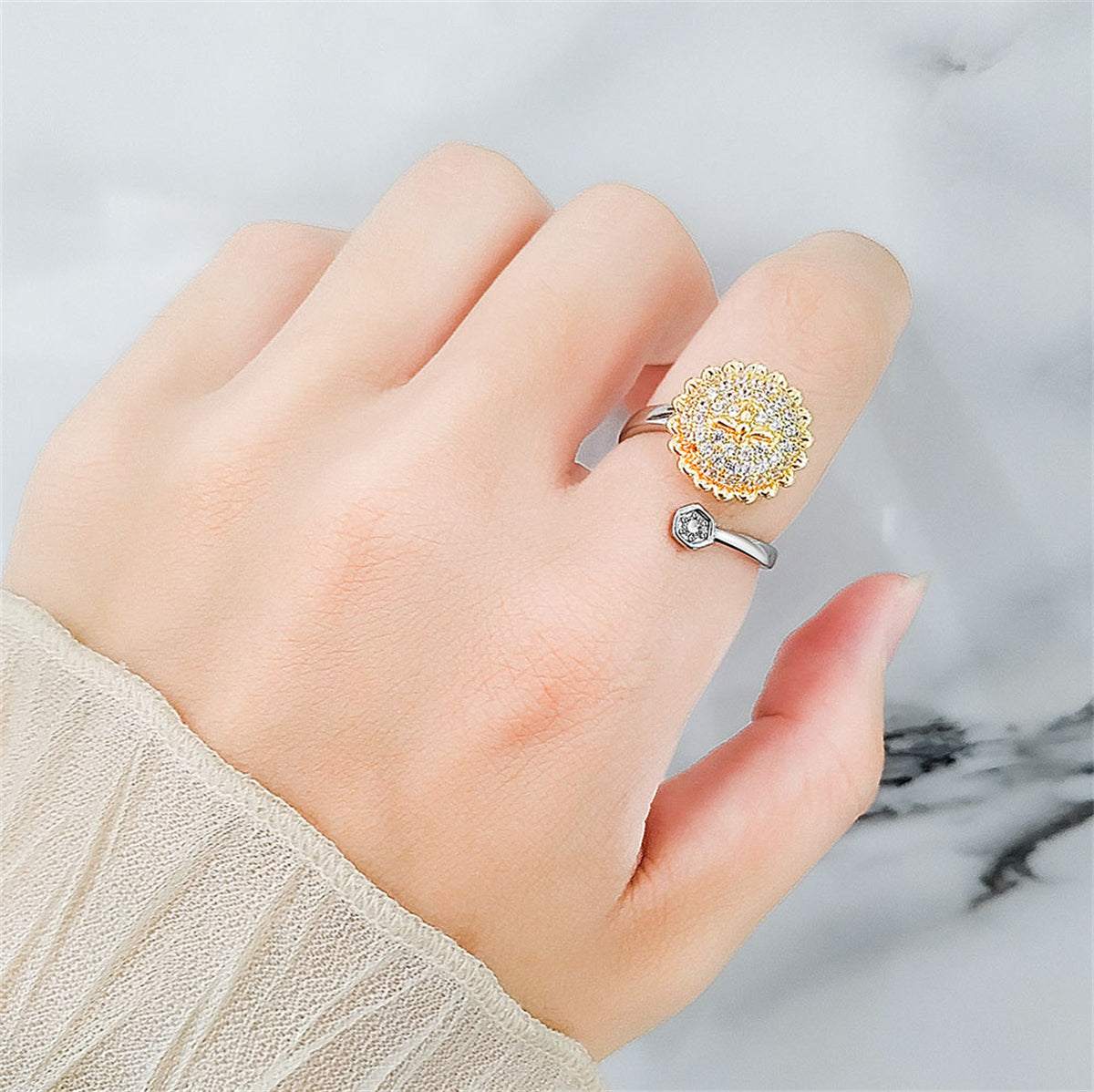 Cubic Zirconia & Two Tone Rotating Sunflower & Bee Bypass Ring